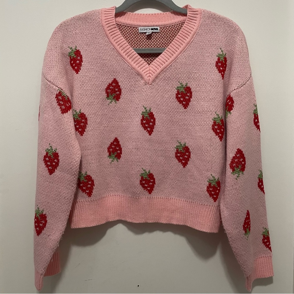 Fashion Nova Pink & Red Knit Pullover Sweater Strawberry Jacquard Valentines Day